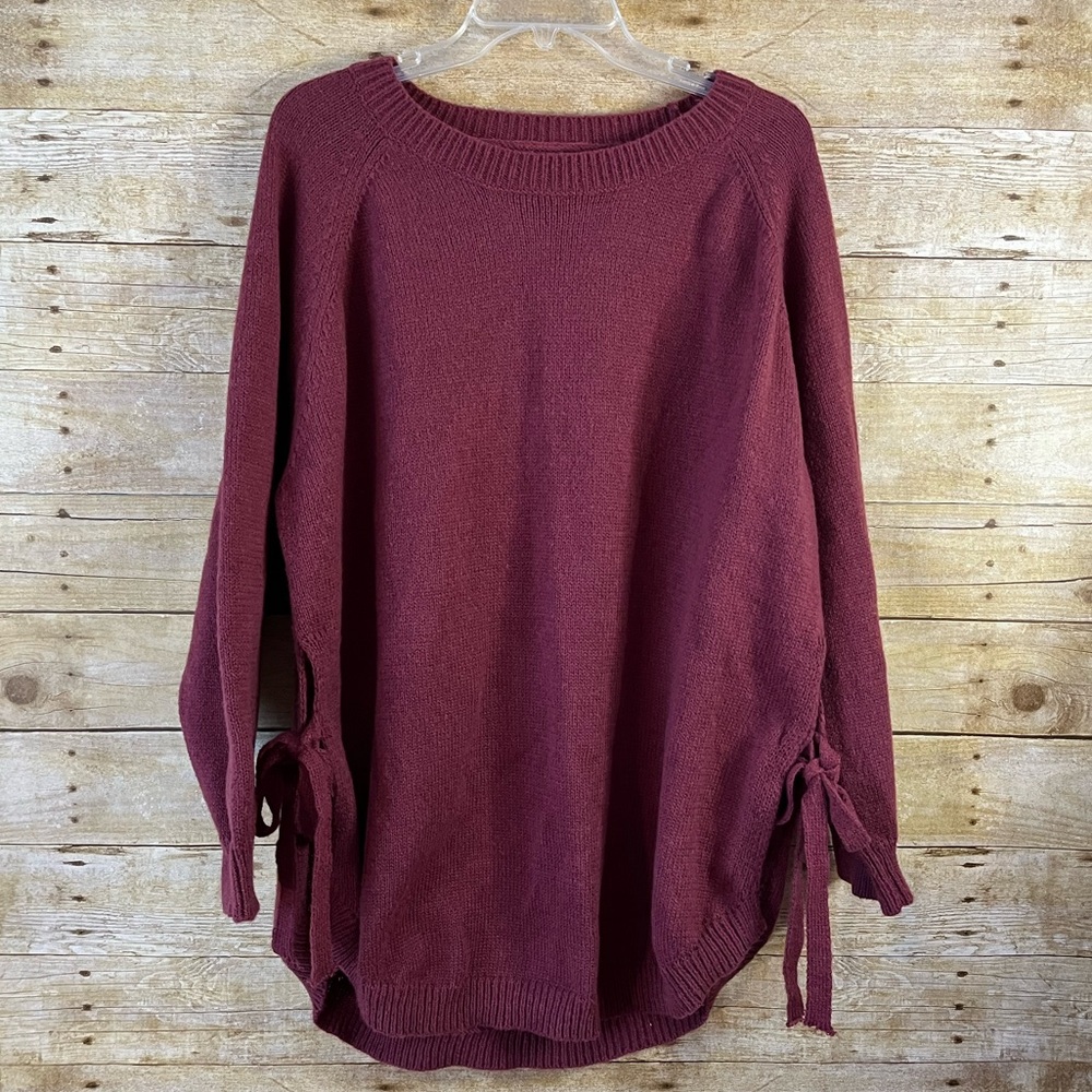SHEIN Curve 3XL Maroon Sweater Raglan Sleeves Tie Sides EUC Wide Neck Tunic